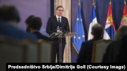 Predsednik Srbije Aleksandar Vučić nakon sastanka sa ministrom Francuske za spoljnu trgovinu i ekonomsku promociju Frankom Risterom, 26. novembar 2020.