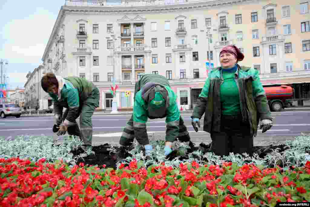 &nbsp;Жанчыны высаджваюць новыя кветкі на плошчы Перамогі