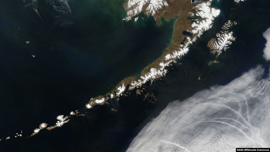 A satellite picture of the Aleutian Islands and the Alaskan Peninsula