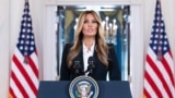 US first lady Melania Trump making a statement at the White House on October 10 