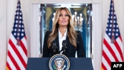 US first lady Melania Trump making a statement at the White House on October 10 