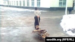 Uzbekistan - school boy is pushing scrap-metal to the school in Samarkand region
