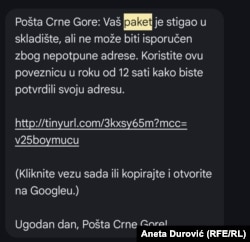 Primjer phishing prevare. Pošta Crne Gore upozorava građane da ne otvaraju linkove u tim porukama.