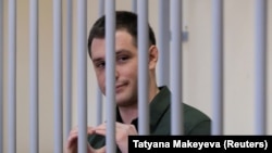 Trevor Reed appears during his trial in a Moscow courtroom in March 2020.