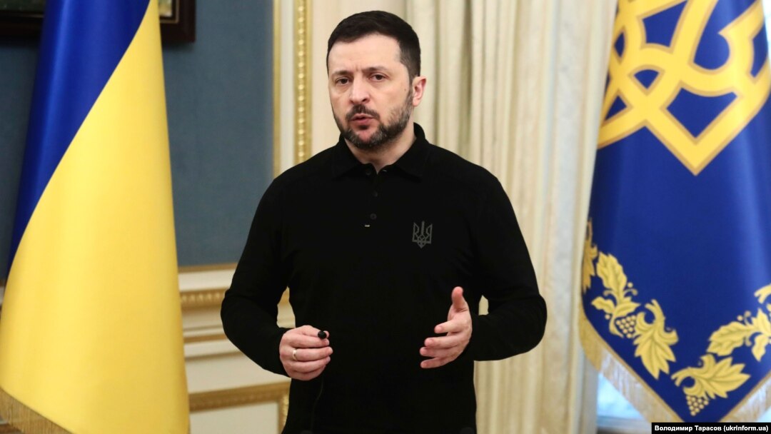 Ukrainian President Volodymyr Zelenskyy, speaking in Kyiv in February, after meetings British Foreign Secretary David Lammy. 