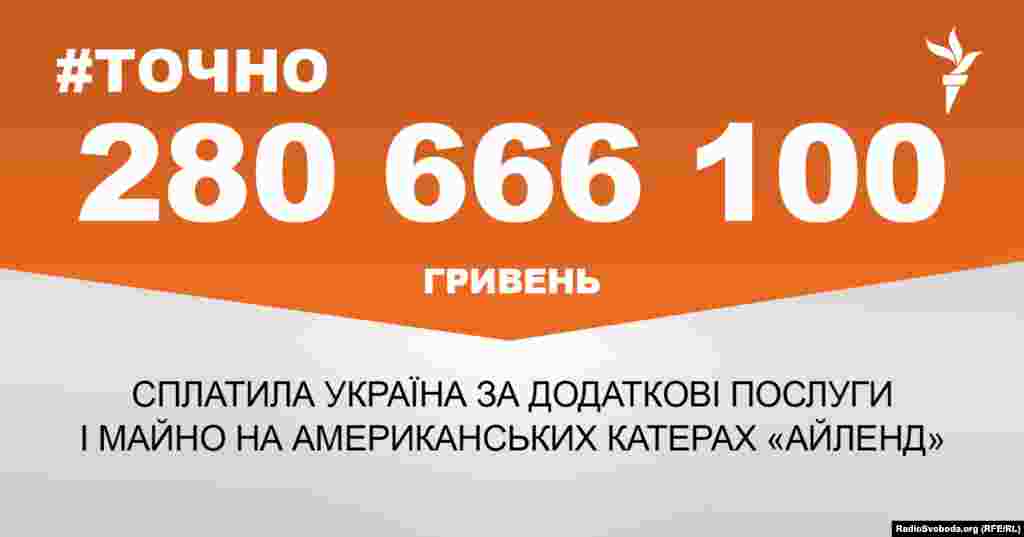 280 666 100 гривень сплатила Україна за додаткові послуги і майно на американських катерах &laquo;Айленд&raquo;. ДЖЕРЕЛО ІНФОРМАЦІЇ Сторінка проекту Радіо Свобода&nbsp;#Точно