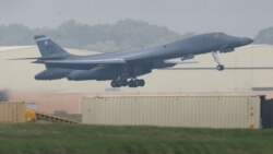 A B‑1B Lancer bomber departs RAF Fairford airbase on September 29.