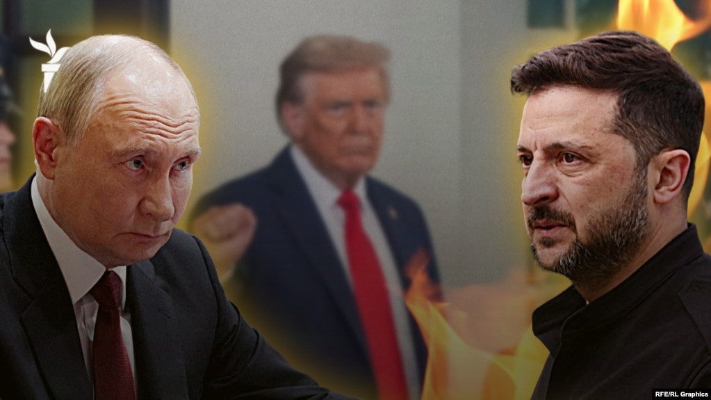 Президентите на Русия, САЩ и Украйна - Владимир Путин (вляво), Доналд Тръмп и Володимир Зеленски. Колаж.