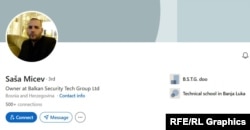 Profili i Sasha Micevit në Linkedin, ku ai deklaron se është pronar i kompanisë Balkan Security Tech.