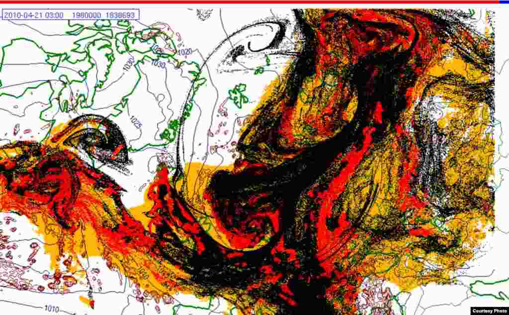 Projected spread of Icelandic ash cloud (21.4. 0300 UTC) - These images show a projection of the movement of the ash clouds from the Iceland volcanic eruption moving over Europe. The colors on the map represent: yellow: ash that has fallen by itself red: ash that has fallen by precipitation black: the actual ash cloud Source: Norwegian Meteorological Institute