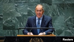 Ministrul de Externe al Rusiei, Serghei Lavrov, în timpul discursului de la Adunarea Generală a ONU.