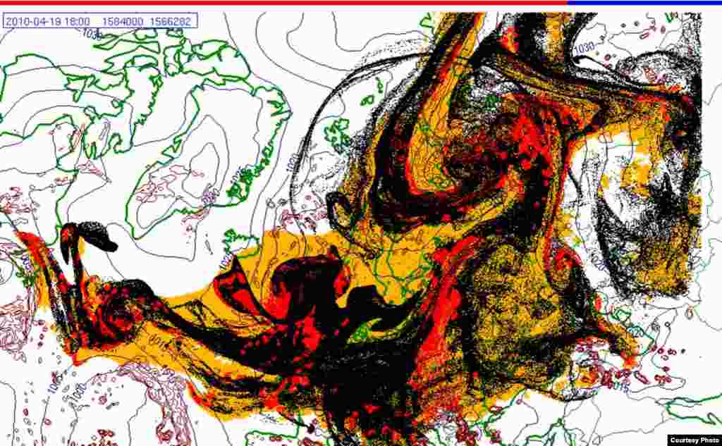Projected spread of Icelandic ash cloud (19.4. 1800 UTC) - These images show a projection of the movement of the ash clouds from the Iceland volcanic eruption moving over Europe. The colors on the map represent: yellow: ash that has fallen by itself red: ash that has fallen by precipitation black: the actual ash cloud Source: Norwegian Meteorological Institute