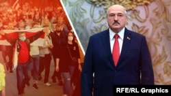 Lijevo: Demonstranti na ulicama Minska, desno: predsjednik Bjelorusije Aleksandar Lukašenko