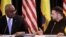U.S. Secretary of Defense Lloyd Austin (left) and Ukrainian President Volodymyr Zelenskiy attend a previous meeting of the Ukraine Defense Contact Group meeting on September 6.