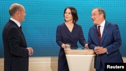 Кандидаты на пост канцлера Германии – Олаф Шольц, Анналена Бербок и Армин Лашет. Апрель 2021 года 