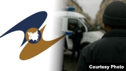 Евразия экономикалык биримдигинин эн белгиси жана Орусиядагы мигранттарга каршы рейд. Коллаж.