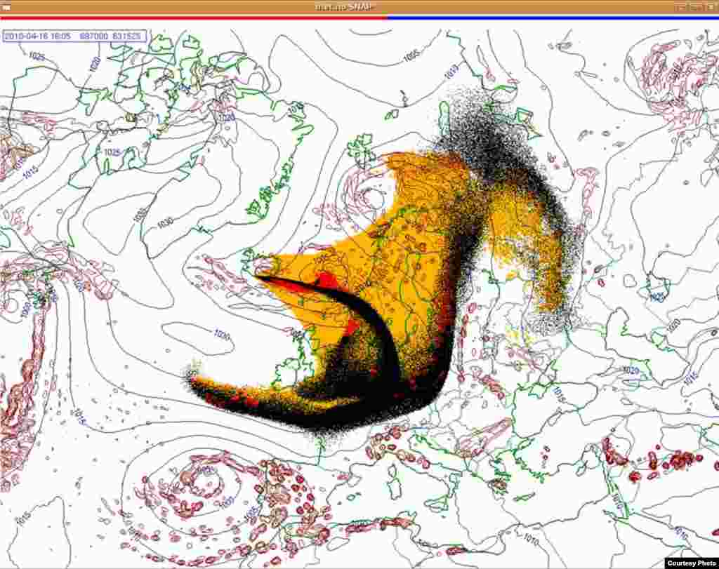 Проектирано движење на исландскиот облак од пепел (16.4. 1600 UTC) - Овие слики покажуваат проекција на движењето на облаците пепел од вулканска ерупција на Исланд низ Европа. Боите на сајтот претставуваат: жолто: пепел што ќе падне сам по себе црвено: пепел што ќе падне од врнежи црна: вистинскиот облак со пепел облак Извор: Норвешки Метеоролошки Институт