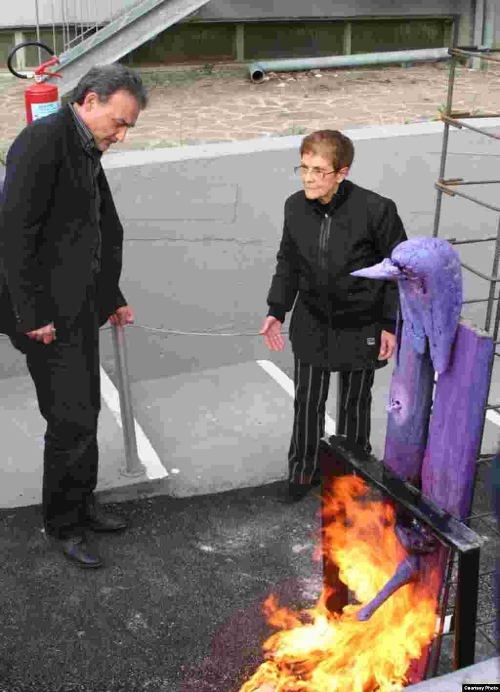 Italian artist Rosaria Matarese was there in person to see her &quot;Androgino&quot; torched on April 18.