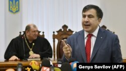 UKRAINE -- Former Georgian president Mikheil Saakashvili gives a press conference before the appeal hearing regarding the Kiev district court that ruled to release him from custody at a courthouse in Kiev on January 19, 2018. 