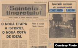 Ziarul Scînteia tineretului anunță funeraliile naționale ale academicianuluoi Constantin I. Parhon.