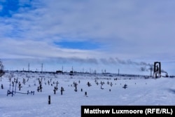 Wooden crosses outside the city indicate the burial places of 42 prisoners killed during an uprising at a Vorkuta forced labor camp in 1953.