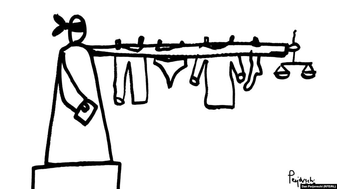 Ilustrație care reprezintă Justiția din România, conform artistului Dan Perjovschi.