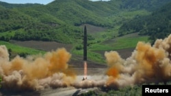 The intercontinental ballistic missile Hwasong-14 is shown during its test-launch in this undated photo released by North Korea's Korean Central News Agency on July 4 .