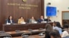 Дания Еспаева и другие депутаты Курултая на брифинге с журналистами, Астана, Казахстан.
