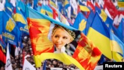 Участники акции в поддержку евроинтеграции Украины размахивают флагом с изображением Юлии Тимошенко. Киев, 24 ноября 2013 года.