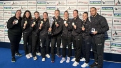 Женският отбор по бадминтон след победата на Европейското първенство в Истанбул, Турция. 15 февруари 2026 г.