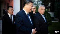 Chinese President Xi Jinping (center) talks with Hungarian Prime Minister Viktor Orban (right) prior to their official talks in Budapest on May 9.