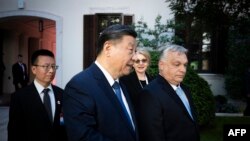 Presidenti i Kinës, Xi Jinping, bisedon me kryeministrin e Hungarisë, Viktor Orban (djathtas), para bisedimeve zyrtare mes tyre në Budapest, Hungari, 9 maj 2024.