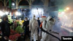 Spraying disinfectant for coronavirus at historical Tajrish vegetable market in northern Tehran, Iran. March 6, 2020. 