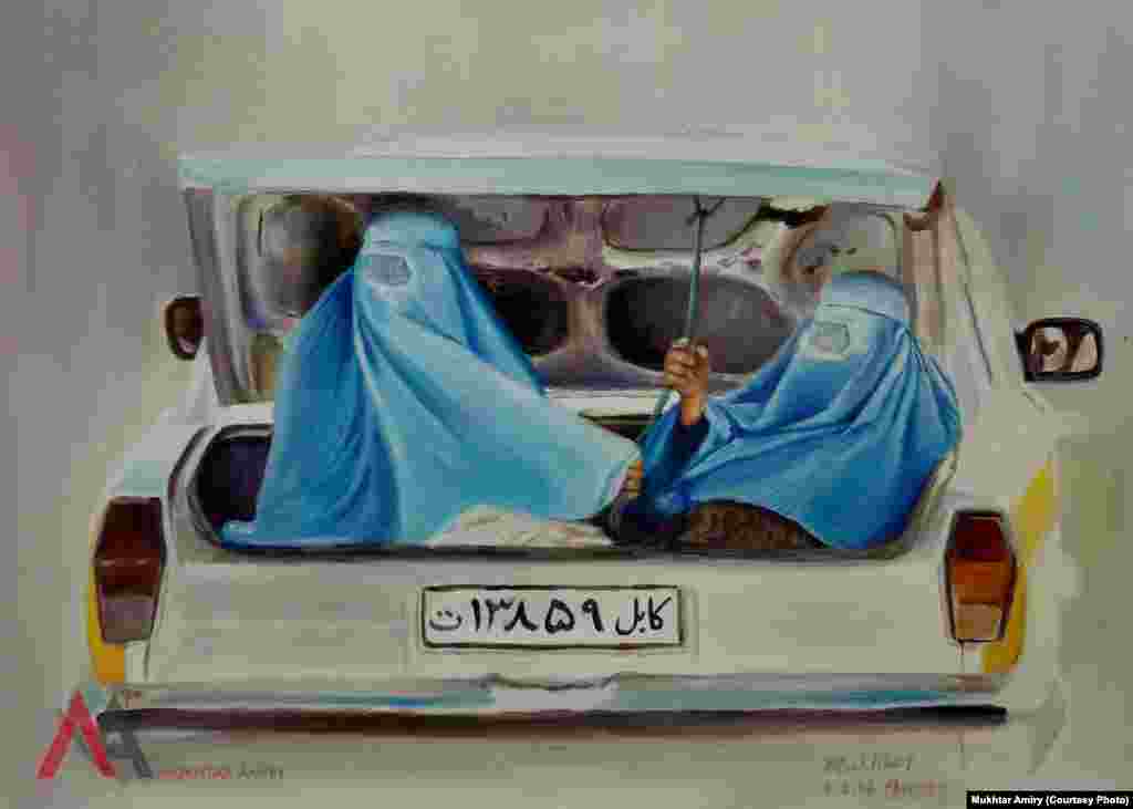 Afghan women wearing veils (burqa) while traveling in the back of the car in Kabul city. This is a painting by Afghan artist Mukhtar Amiry.