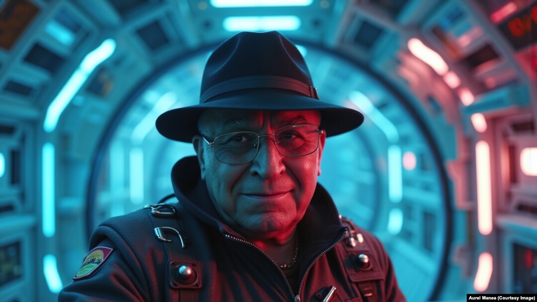 Ion Iliescu, portret deepfake ca actor în filmul „Blade Runner”. Imaginea parodică a fost realizată de artistul fotograf Aurel Manea.