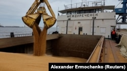 Ukraynanın işğal olunmuş Mariupol limanında "Mejdureçensk" yük gəmisinə buğda yüklənir.
