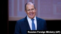 RUSSIA -- Russian Foreign Minister Sergei Lavrov speaks at the prestigious Moscow State Institute of International Relations during the traditional opening of the school year known as "Day of Knowledge" in Moscow, September 1, 2021