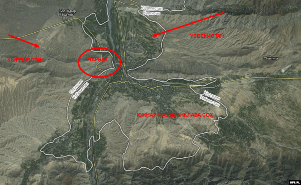 Карта южной части узбекского анклава Сох, где 6 января 2013 года были взяты в заложники десятки граждан Кыргызстана.