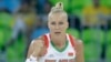 Belarus center Alena Leuchanka gestures after a basket during a game against Japan at the 2016 Summer Olympics in Brazil in August 2016.