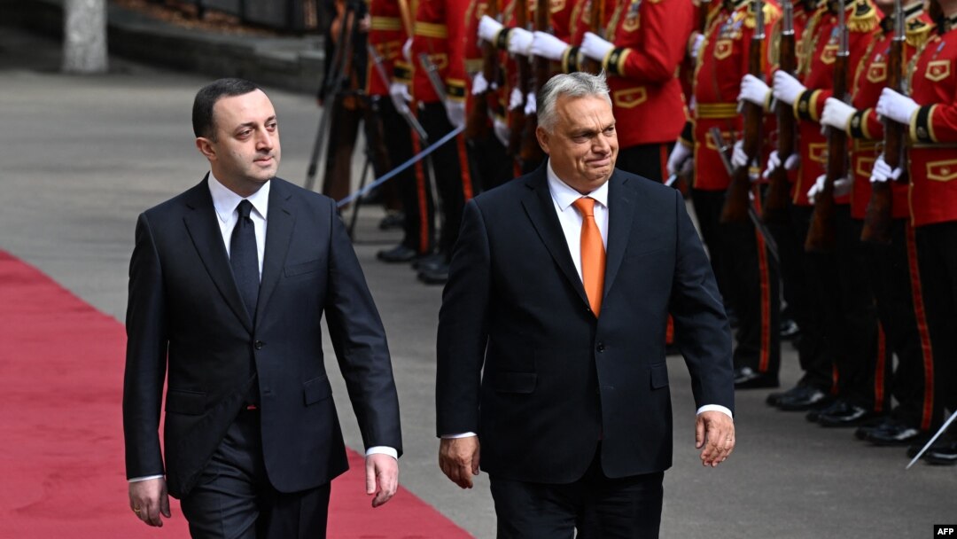 Georgian Prime Minister Irakli Garibashvili (left) and visiting Hungarian Prime Minister Viktor Orban attend a welcoming ceremony in Tbilisi on October 11.
