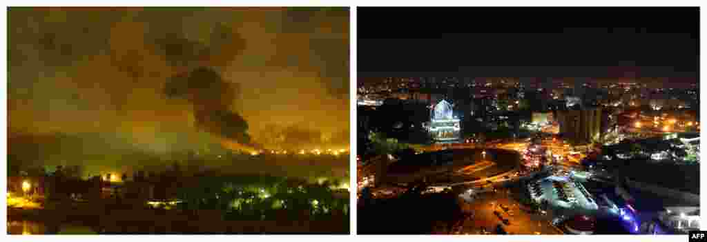 Слева: Дым над президентским дворцом в Багдаде во время авиаударов коалиции 21 марта 2003 года Справа: Ночной вид площади Фирдоус с крыши гостиницы &quot;Палестина&quot; 9 февраля 2013 года 