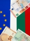 Bulgarian and European Union banknotes in front of EU and Bulgarian flag
