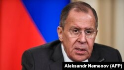 RUSSIA -- Russian Foreign Minister Sergei Lavrov attends a joint press conference with his Chinese counterpart following their talks in Moscow, April 5, 2018.