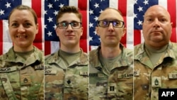 Combination photo released by the US Army Reserve shows Sergeant 1st Class Nicole Amor; Sergent Declan Coady; Captain Cody Khork; and Sergeant 1st Class Noah Tietjens, who died on March 1 in Kuwait at the Port of Shuaiba.