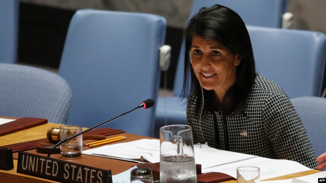 U.S. Ambassador to the UN Nikki Haley speaks as she attends a Security Council meeting on the situation in the Middle East at UN headquarters in New York on April 12. 