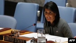 U.S. Ambassador to the UN Nikki Haley speaks as she attends a Security Council meeting on the situation in the Middle East at UN headquarters in New York on April 12. 