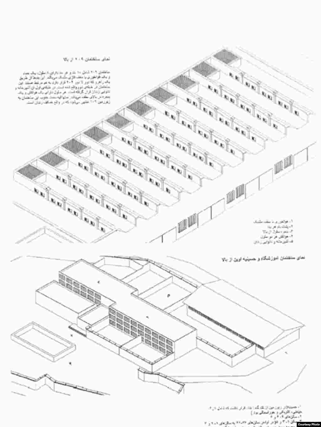 1 - نمای ساختمان 209 از بالا 2 - نمای ساختمان آموزشگاه و حسینیه اوین از بالا