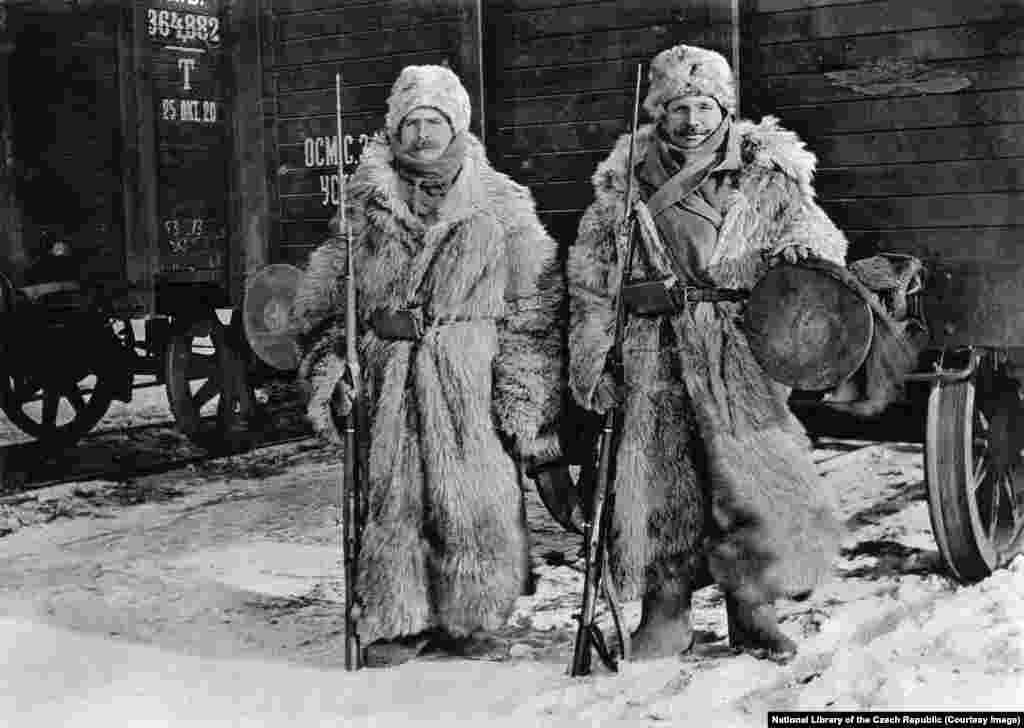 Legionnaires guarding a train in Siberia on a -40C day. By the autumn of 1918, World War I was over and the legionnaires&rsquo; distant, beloved Czechoslovakia had been declared an independent nation.