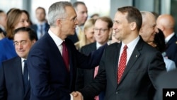 Șeful diplomației Poloniei, Radek Sikorski (în dreapta), dând mâna cu Secretarul General NATO, Jens Stoltenberg, la Bruxelles, pe 4 aprilie 2024, la o manifestare prilejuită de a 75-a aniversare a înființării Alianței Nord-Atlantice. 