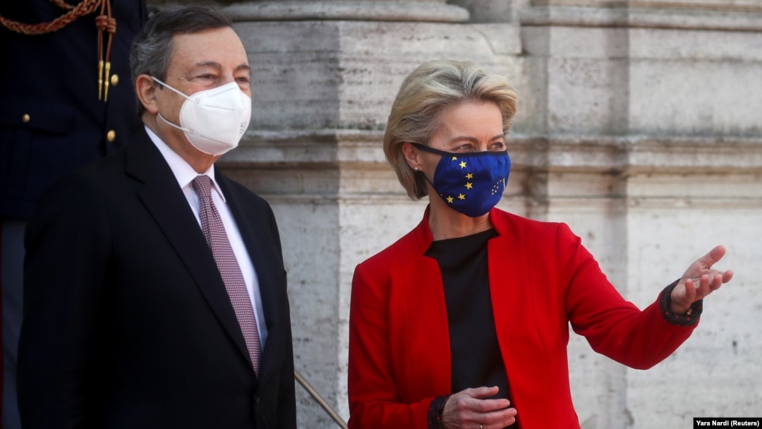 Președintele Comisiei Europene, Ursula von der Leyen, și premierul italian Mario Draghi, gazda summitului virtual al G20